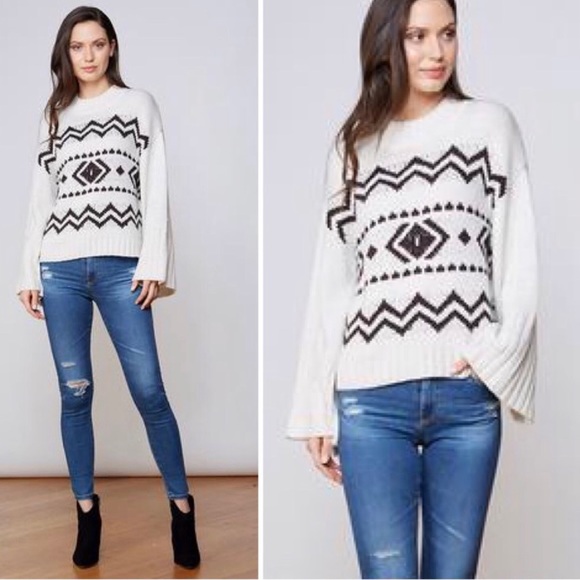 Cliche Boho Aztec Ivory & Black Wool Sweater M - Picture 2 of 6